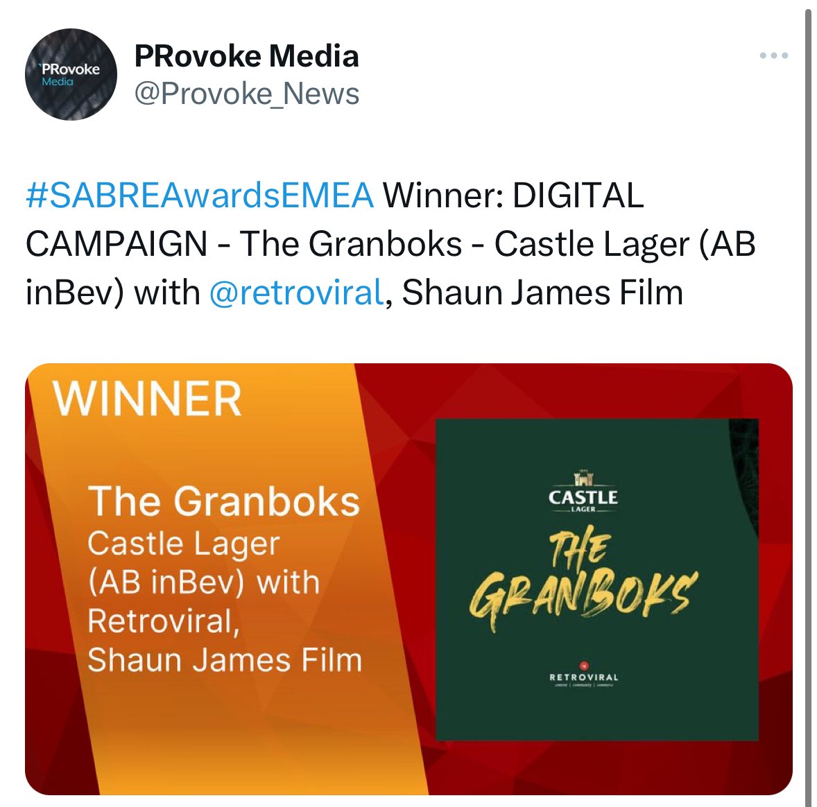 mikesharman's tweet photo. Incredible result for @retroviral at #SABREAwardsEMEA. A brace of trophies.

Proudly repped by @MasisiKoketso 

Thank you to our partners @RYOBI_Africa and @CastleLagerSA 🔥🔥🔥

Congrats to other 🇿🇦 winners - @TribecaPR @Clockwork_Media and @Razor_PR_Agency 

https://t.co/ptw0bKTFbx