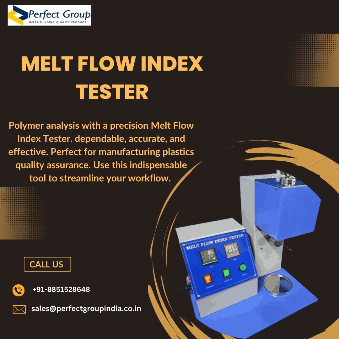perfectgroup12's tweet image. Melt Flow Index Tester
Accurate flow property analysis of thermoplastic materials is possible with Perfect Group&apos;s Melt Flow Index Tester.
#perfectgroupindia #industrial  #meltflowindextester
Visit us: perfectgroupindia.co.in/melt-flow-inde…