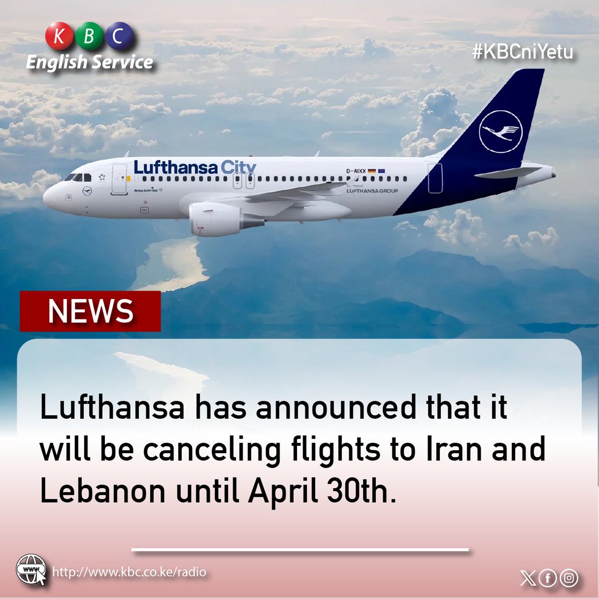 Lufthansa has announced that it will be canceling flights to Iran and Lebanon until April 30th. ^PMN #KBCEnglishService