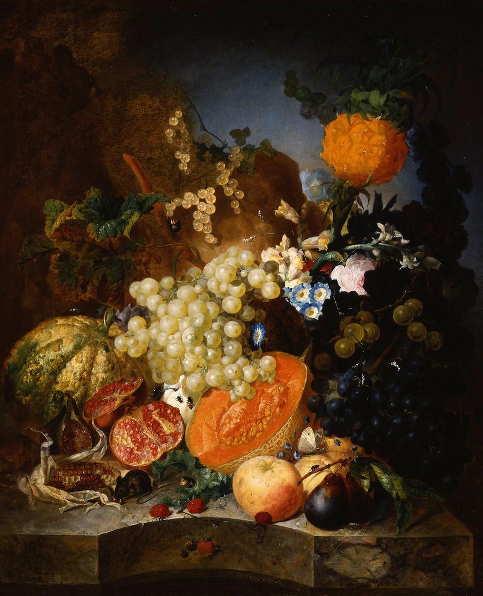 This painting is a great example of the Dutch style of painting flowers and fruits. Jan van Os was a painter and a member of the renowned Van Os family of artists;📘 read on: 📲: 🔗 getdailyart.com 🏛 @FrickPittsburgh Still Life with Fruit Jan van Os 1769