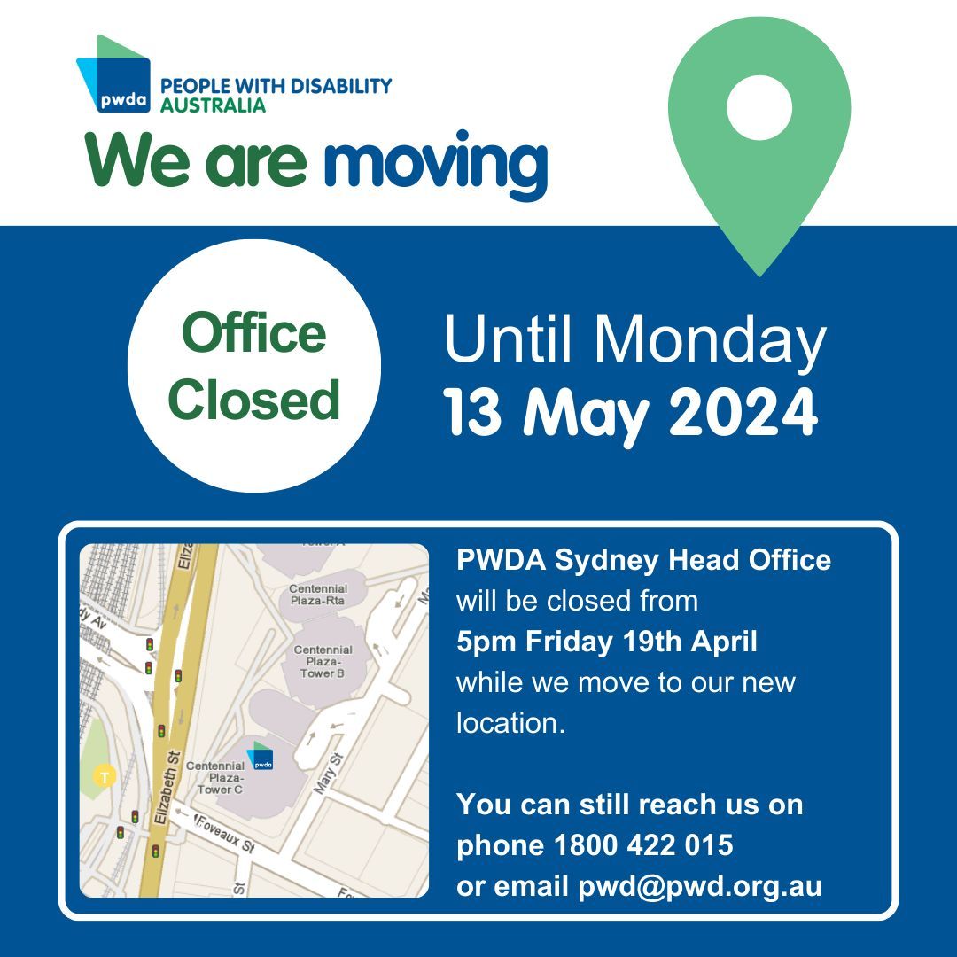 PWDA is moving to a new office. The existing PWDA Sydney Head Office will be closed from 5pm Friday 19 April until 9am Monday 13 May while we move. During this time if you can still contact PWDA by phone, email, website, or post. More information: buff.ly/4aHrNxl