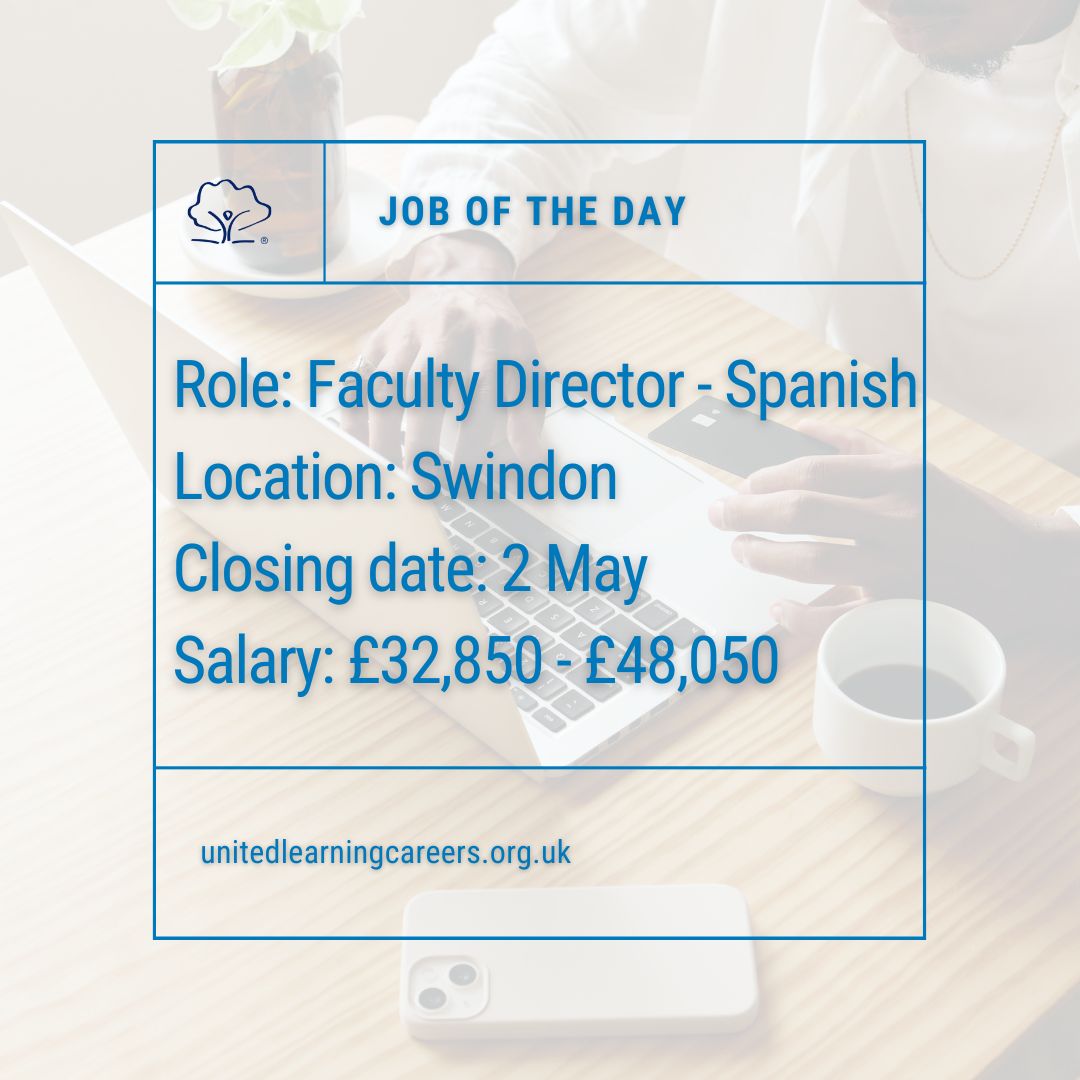 📣 Job of the day 📣  

Swindon Academy is seeking  a Director Curriculum Leader for Spanish.

If this could be you, find out more and apply now: ow.ly/bEL350RcX1W 

#JobOfTheDay #NowHiring #JobSearch #Hiring #Vacancy #ApplyNow #Education #OpenToWork #Jobs2Apply4 #JOTD