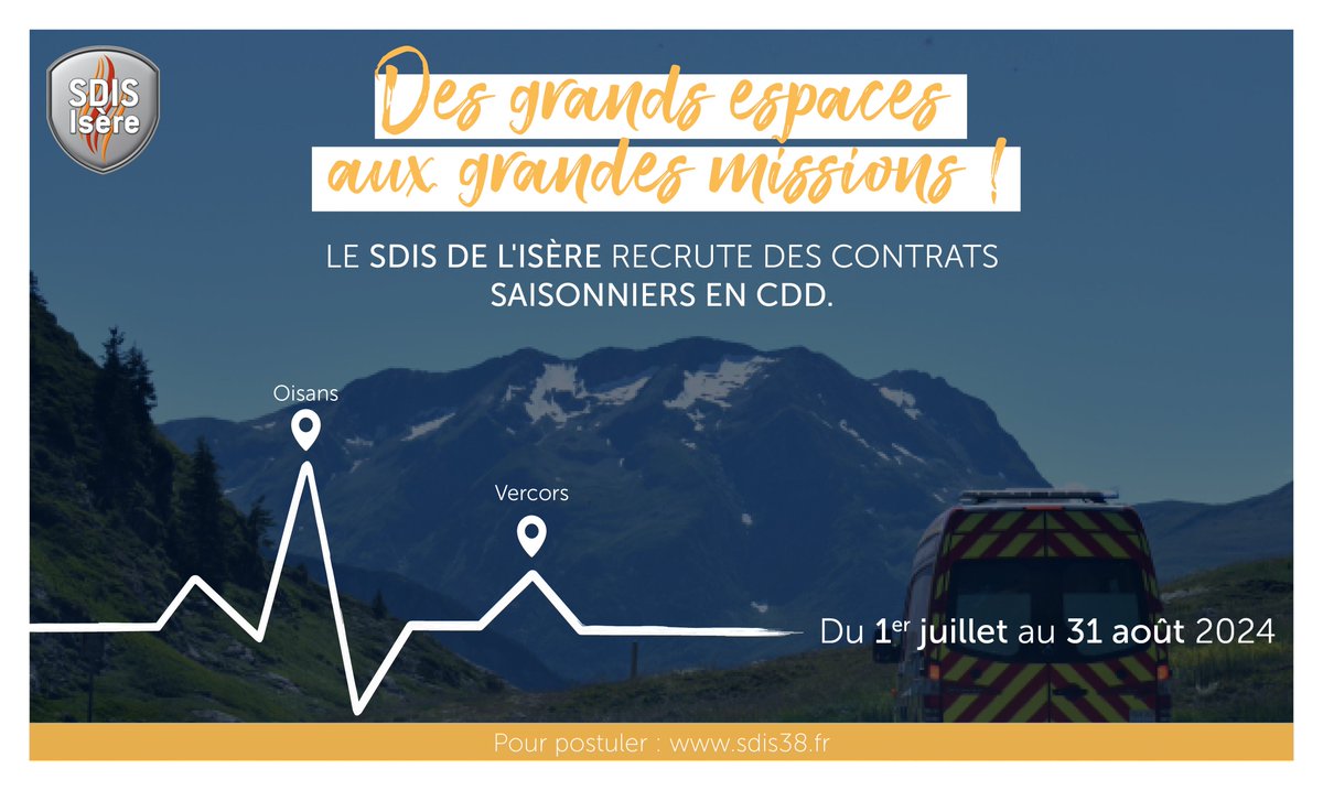 📢 Le @sdis38 recrute des sapeurs-pompiers saisonniers en CDD pour cet été sur les centres Oisans et Vercors. Contrats du 1er juillet au 31 août. Candidatures ouvertes jusqu’au 14 mai : sdis38.fr/37-consulter-l…