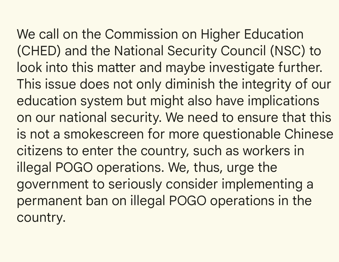 Sen Joel Villanueva on degree for sale involving Chinese students 'We call on the CHED & the NSC to look into this matter & maybe investigate further. This issue does not only diminish the integrity of our educ system but might also have implications on our nat'l security'