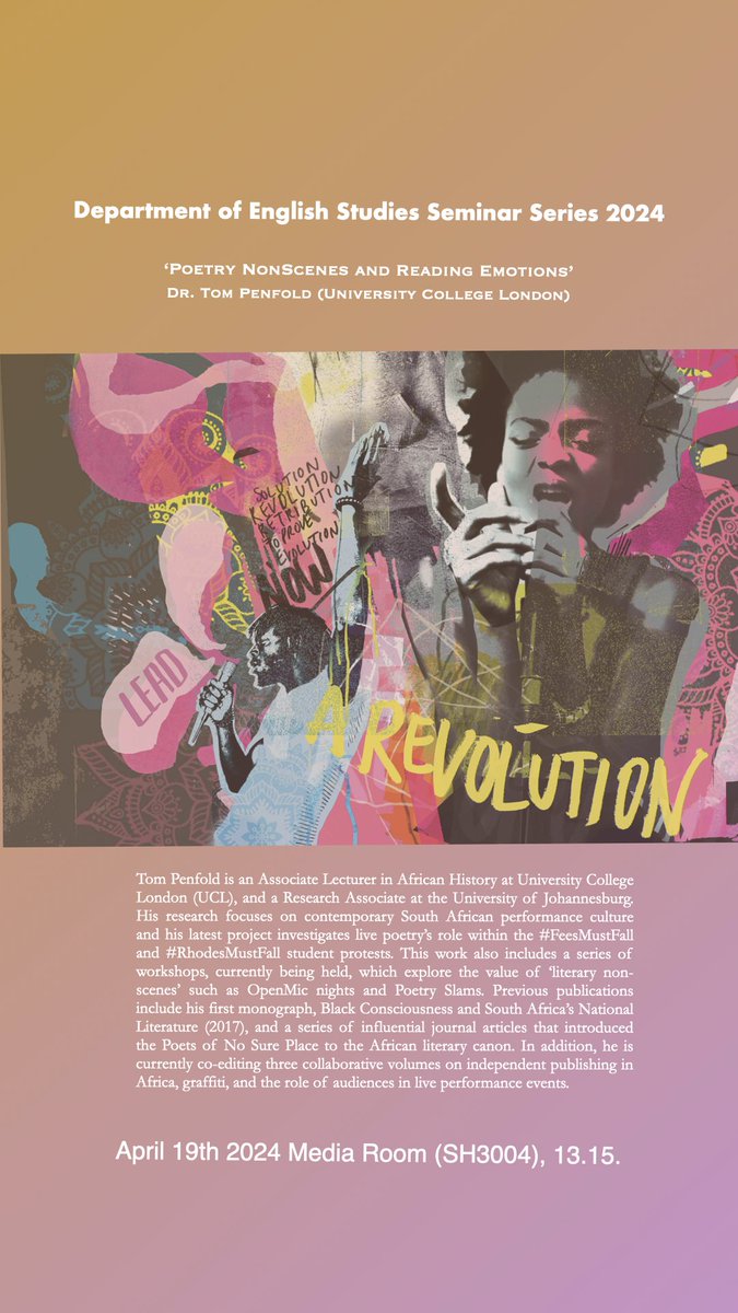WitsEnglish's tweet photo. Dr Tom Penfold of University College London will be speaking to an aspect of his work under the tile, ‘Poetry NonScenes and Reading Emotions’, at this Friday's Department of English Seminar Series (Media Room, 13.15). https://t.co/5zYH33aVn0
