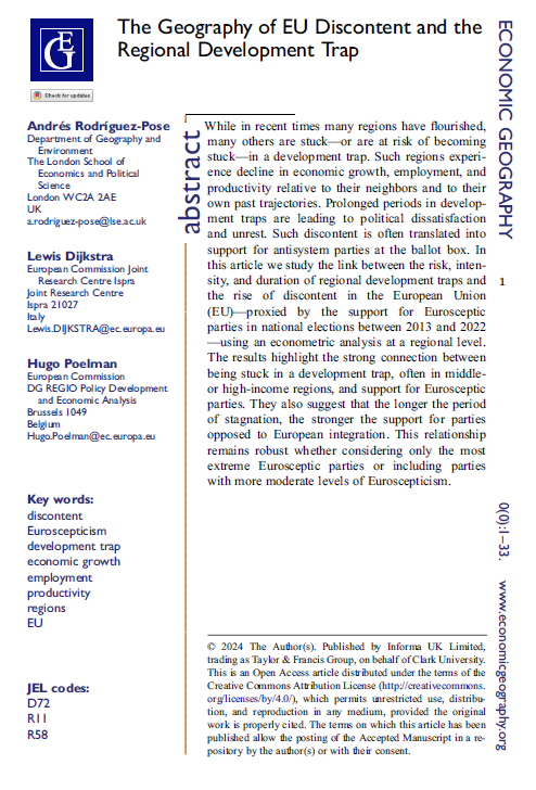 'The #Geography of #EU discontent and the regional development trap,' written with @DijkstraLewis & @hugo_poelman, hot off the press in @econgeog. Don't miss it! (especially if you want to know what drives #discontent). #openaccess doi.org/10.1080/001300…