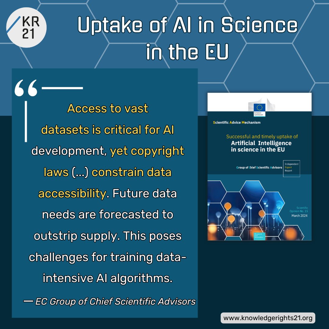 KR21org's tweet photo. 💭 EC Executive VP @vestager asked for it & the @EU_Commission’s @EUScienceAdvice Group delivered: the report on #AI in #science in the EU is out!
💡 We specifically welcome the acknowledgement that #copyright hinders #AccessToData
🔗 https://t.co/k3OsgqHEUN
#ScienceAdvice https://t.co/3w2LeVWHgr
