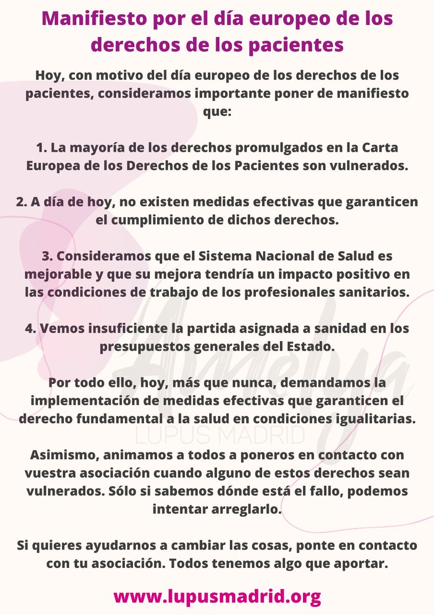 🔵 Hoy, 18 de abril, es el #DíaEuropeoDeLosDerechosDeLosPacientes. Desde AMELyA #Lupus Madrid, compartimos el siguiente manifiesto. #DíaEuropeoDerechosPacientes i.mtr.cool/fuygrkhjop