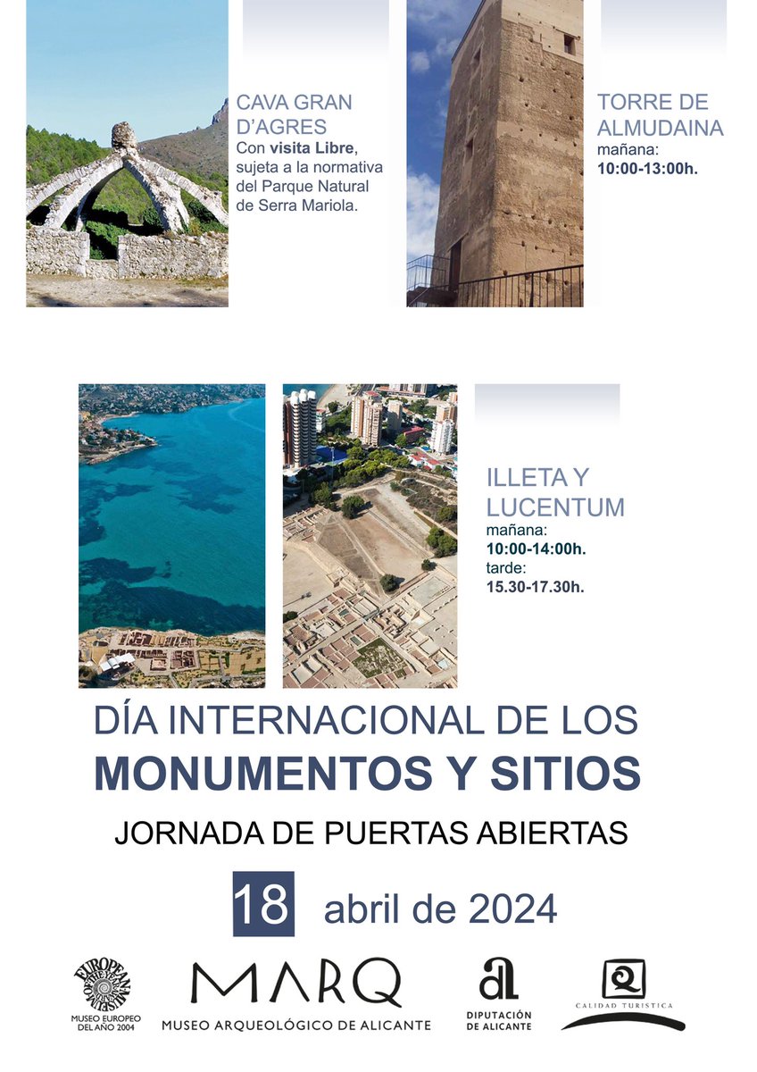 Hoy jueves celebramos el Día Internacional de los Monumentos y Sitios invitándote a visitar gratis la Torre de Almudaina, la Cava Gran d'Agres y los yacimientos arqueológicos de la Illeta dels Banyets y Lucentum 🔹 ¡Te esperamos!