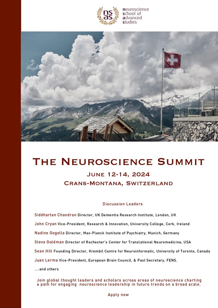 Seat are still available.

The Neuroscience Summit is a unique forum where select global leaders of neuroscience meet, with the goal of charting a path for engaging neuroscience in future trends on a broad scale.   

Join us in spectacular Crans-Montana!

neurosas.org/the-neuroscien…