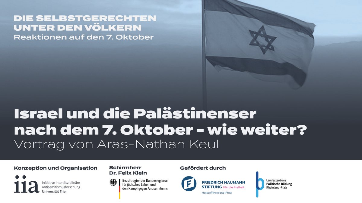 📺Heute Abend um 18 Uhr geht die Vortragsreihe "Die Selbstgerechten unter den Völkern" (<a href="/lpb_rlp/">LpB RLP</a> &amp; <a href="/FNFreiheit/">Friedrich-Naumann-Stiftung für die Freiheit</a>) weiter mit einem Vortrag von <a href="/Aras_Nathan/">AN</a> zum Verhältnis zwischen Israelis und Palästinenser:innen nach dem 7. Oktober und dem "Wie weiter?".
📺 youtube.com/watch?v=lN7I9O…