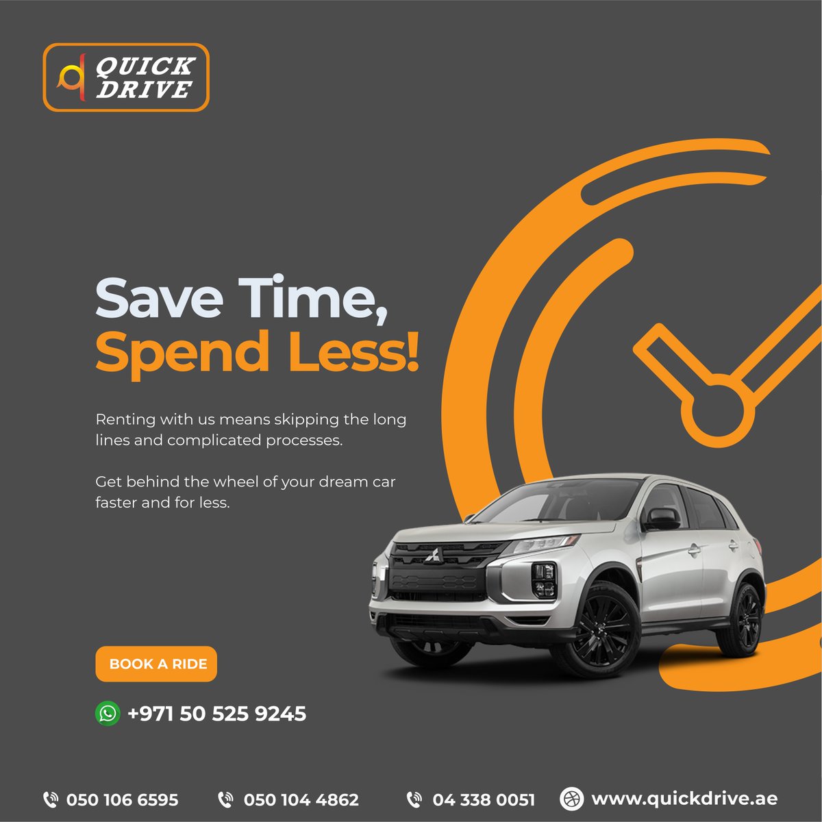 AQuickdrive's tweet image. Need a quick and hassle-free way to rent a car? Look no further than Quick Drive! Save time, skip long lines, and spend less when you choose us. 

Call or WhatsApp
+971505259245

Visit: quickdrive.ae

#QuickDrive #CarRental #SkipTheLine #ConvenientTravel #TimeAndMoney