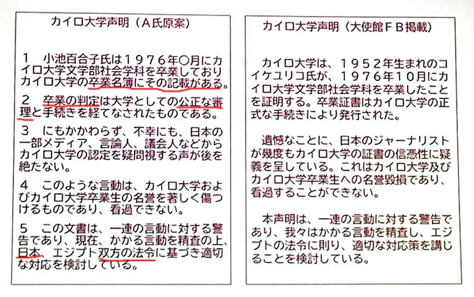 ＃カイロ大声明文 A氏の原案とFB掲載の声明文は別添赤字部分が異なる。 これらは小池氏が避けたかった部分 ① 「卒業名簿」が削られた⇒卒業名簿に名前がないから ② 「公正な審理」の削除⇒実際には審理がなかったから ③ 「日本の法令」の削除⇒日本の裁判所での小池氏の証言を避けたかったから