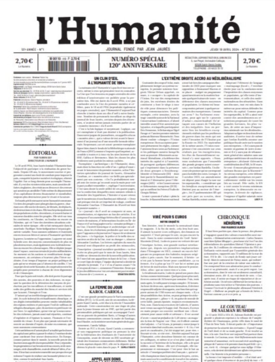 120 ans d’Humanité, de luttes et avec elle les histoires qui font la grande. Des unes en mémoire et Jaurès dans le cœur, je souhaite à ce journal et à sa rédaction un avenir perpétuel. Merci d’exister @humanite_fr !