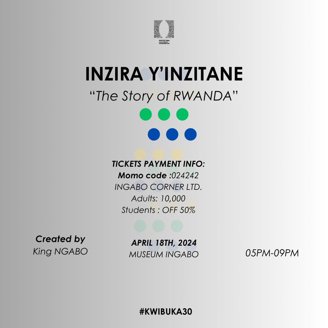 IT’S TODAY ! #INZIRAYINZITANE ‘The Story of RWANDA’ Premiere April 18,2024 05pm - 09pm Payments : 10k ( Adults) 5k (Students) Location : @MuseumIngabo KK 553 st. | Rebero .