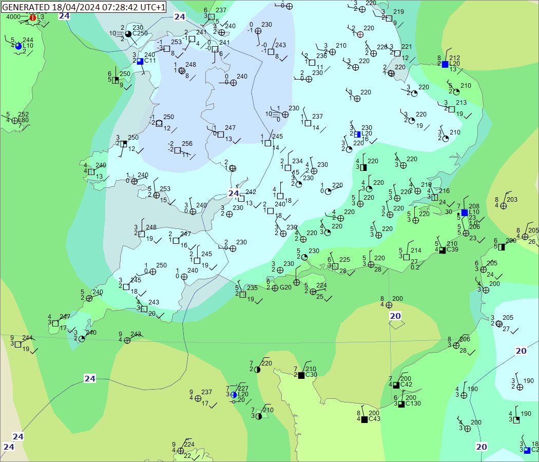 Clear skies this morning, but some SC just passing as I type. Temps not quite as cold in the SE with the breeze. EGLF 180650Z 36004KT 9999 NCD 06/03 Q1023 T 3.8c Min 1.7c