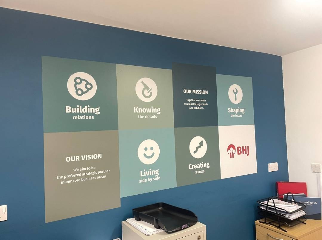 Brightened up the walls at our client's BHJ Seafood in Grimsby to install new wall vinyl, with their new Vision Mission statements and values to help the global business towards their FutureSight27 goals. #Wallgraphics #FastsignsHull
