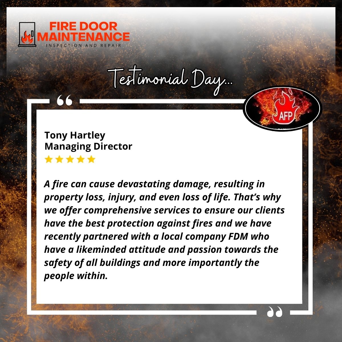 Testimonial Day!!!
We are delighted to celebrate our testimonial day with you!
.
#FDM #firedoormaintenance #firedoorinspection #firedoortraining #fdmbury #firedoorcourse #testimonial