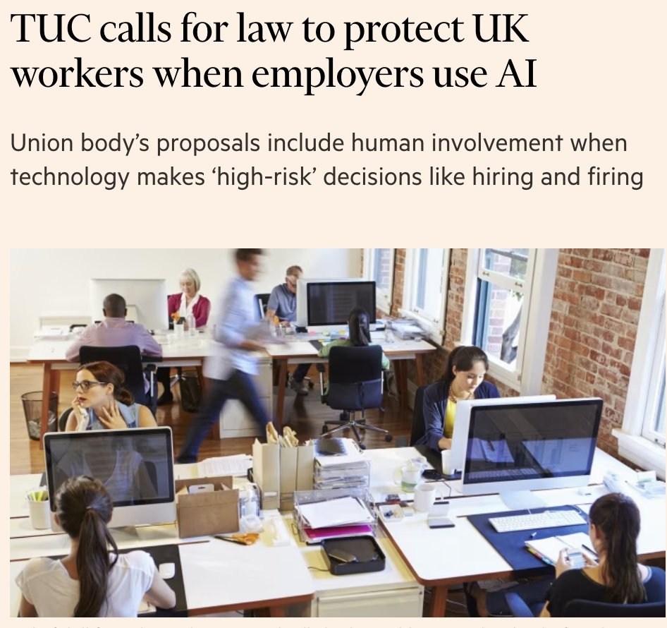 An imp moment as @The_TUC publishes its AI @ work bill. Tech is already transforming how we work. Workers needs to be part of that picture - esp if we want to max the benefits. Unions, business & civil society shaping our future together. 👉 tuc.org.uk/research-analy…