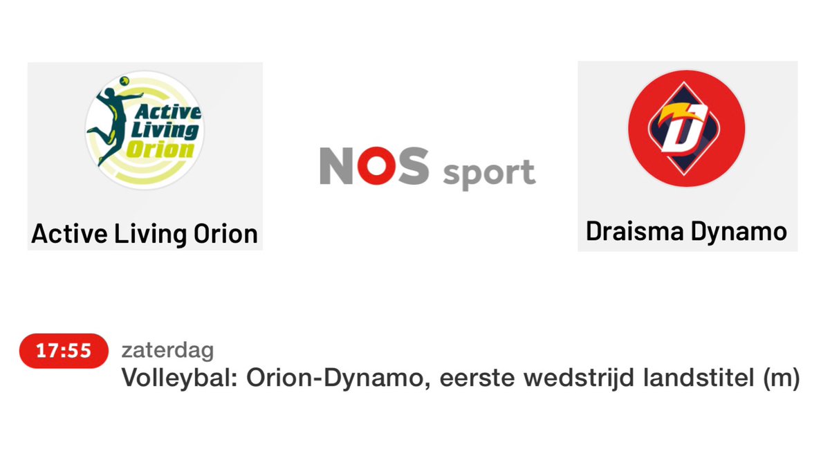 Vanaf zaterdag: de finale om het landskampioenschap tussen <a href="/Oriontopvolley/">Orion Stars</a> en <a href="/Dynamovolleybal/">Draisma Dynamo Volleybal</a> . Alle finalewedstrijden zijn live te zien bij <a href="/NOSsport/">NOS Sport</a> via de livestream op nos.nl en in de NOS app.
