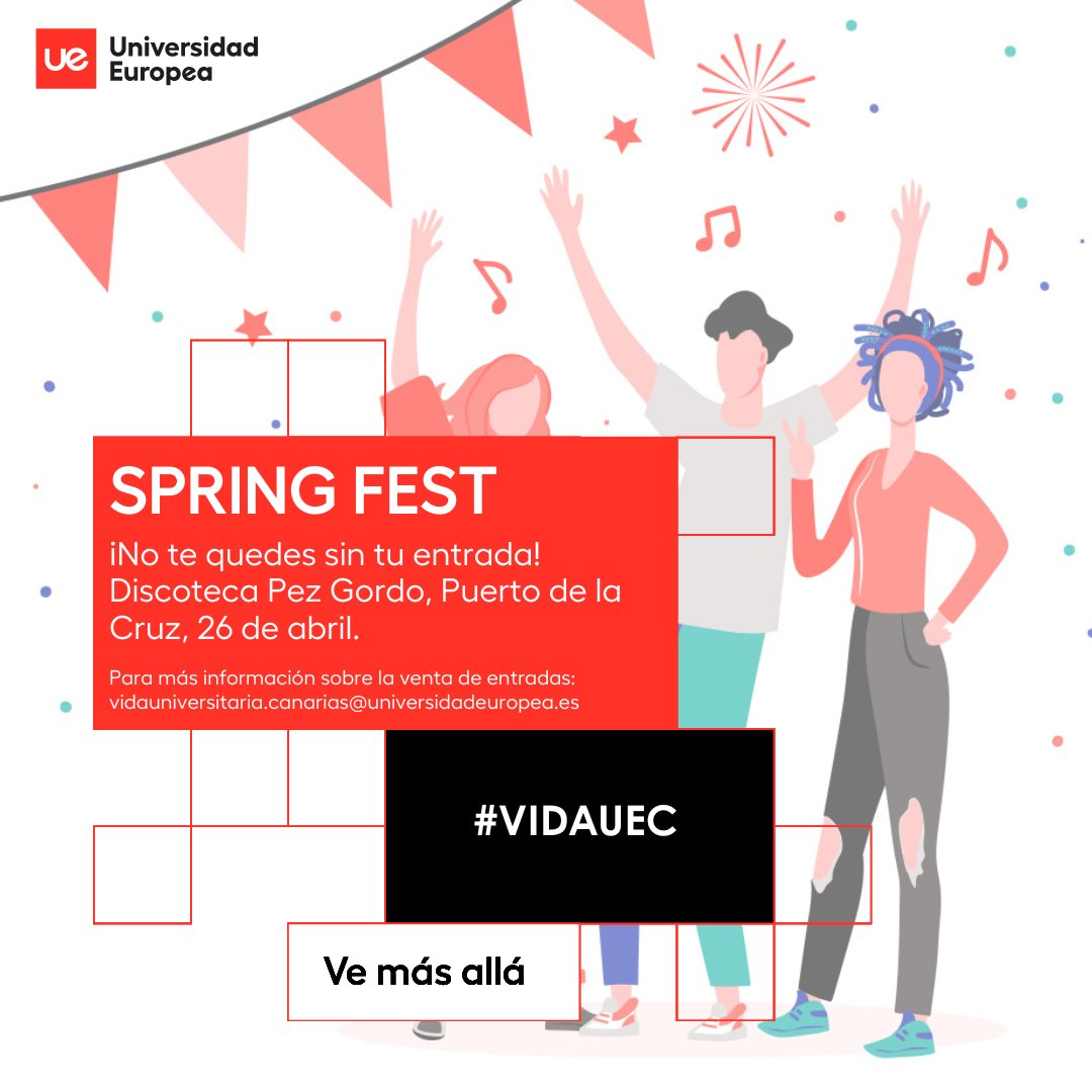 UECanarias (@uecanarias) on Twitter photo ¡Celebra la llegada de la primavera junto a tus compañeros! 🌸
Únete a nosotros el viernes 26 de abril en la Discoteca Pez Gordo en Puerto de la Cruz.
Consigue tu entrada enviando un correo a vidauniversitaria.canarias@universidadeuropea.es.
¡Te esperamos!
#SoyUECanarias ¡Celebra la llegada de la primavera junto a tus compañeros! 🌸
Únete a nosotros el viernes 26 de abril en la Discoteca Pez Gordo en Puerto de la Cruz.
Consigue tu entrada enviando un correo a vidauniversitaria.canarias@universidadeuropea.es.
¡Te esperamos!
#SoyUECanarias