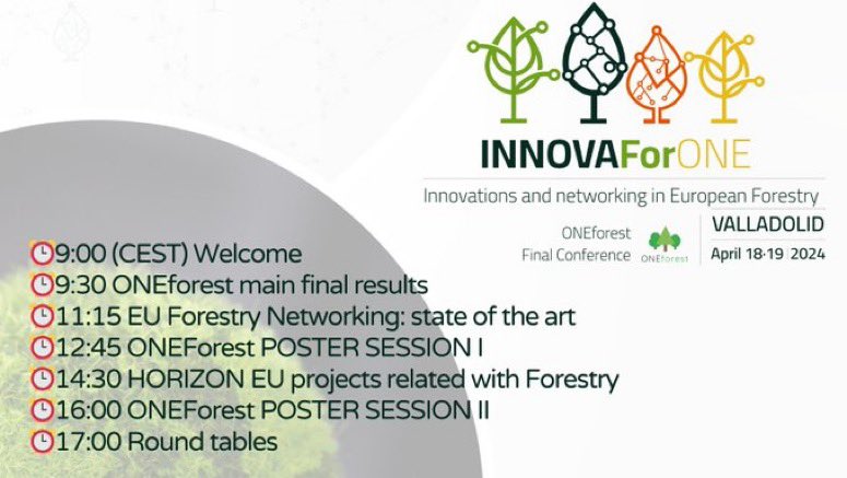 🌲🌱The #ONEforestFinalEvent Day 1 is here!  

It's an intense day filled with interesting exchanges, knowledge, and networking. Check out the agenda here: oneforest.eu/content/onefor…

#H2020 #INNOVAForONE #EUproject #EUforest