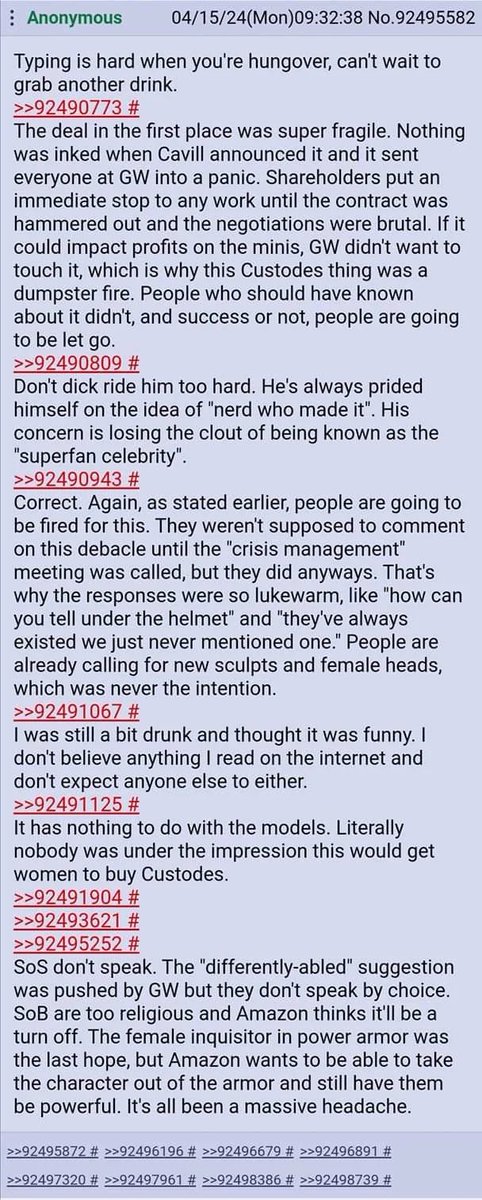 Female Custodes 4chan Leak. tl;dr: GW isn't really supporting them at all, they're just in there becuase Amazon is forcing them to put them in the new show, and they need them to exist in the lore beforehand. It's a stage 4 cancer situation: A business partnership shared the…