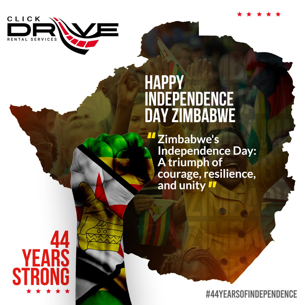 Happy Independence Day from our team at ClickDrive 🇿🇼🎉 Celebrate the day with family and friends, and explore all that Zimbabwe has to offer in one of our comfortable and reliable cars! 🚗💨 #ZimAt44