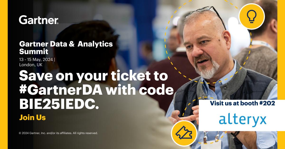 Join Alteryx at the #GartnerDA Summit in London and save €625 on your ticket with promo code BIE25IEDC. Don't wait, seize this opportunity to enhance your data analytics journey at the Gartner DA Summit!

We’ll be at booth number 202, book a demo here: ow.ly/ucEG30sBGaA