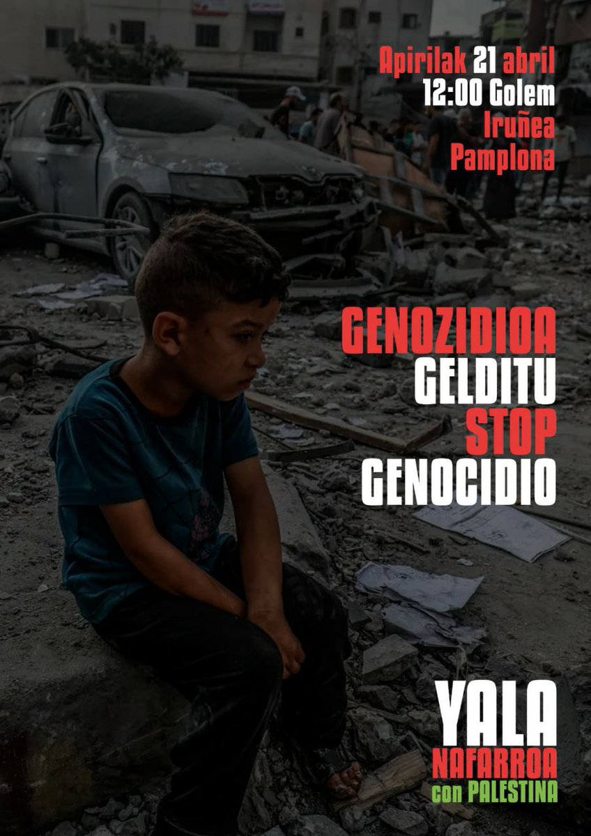 📢 Apirilak 21, 12etan Golem zinemeetatik, guztiok kalera!
#GenozidioaGelditu

📢 Este domingo, 21 de abril, a las 12h desde los cines Golem. #StopGenocidio.

Nuestros gobiernos pueden y deben parar esta barbarie. 

¡No te quedes en casa!