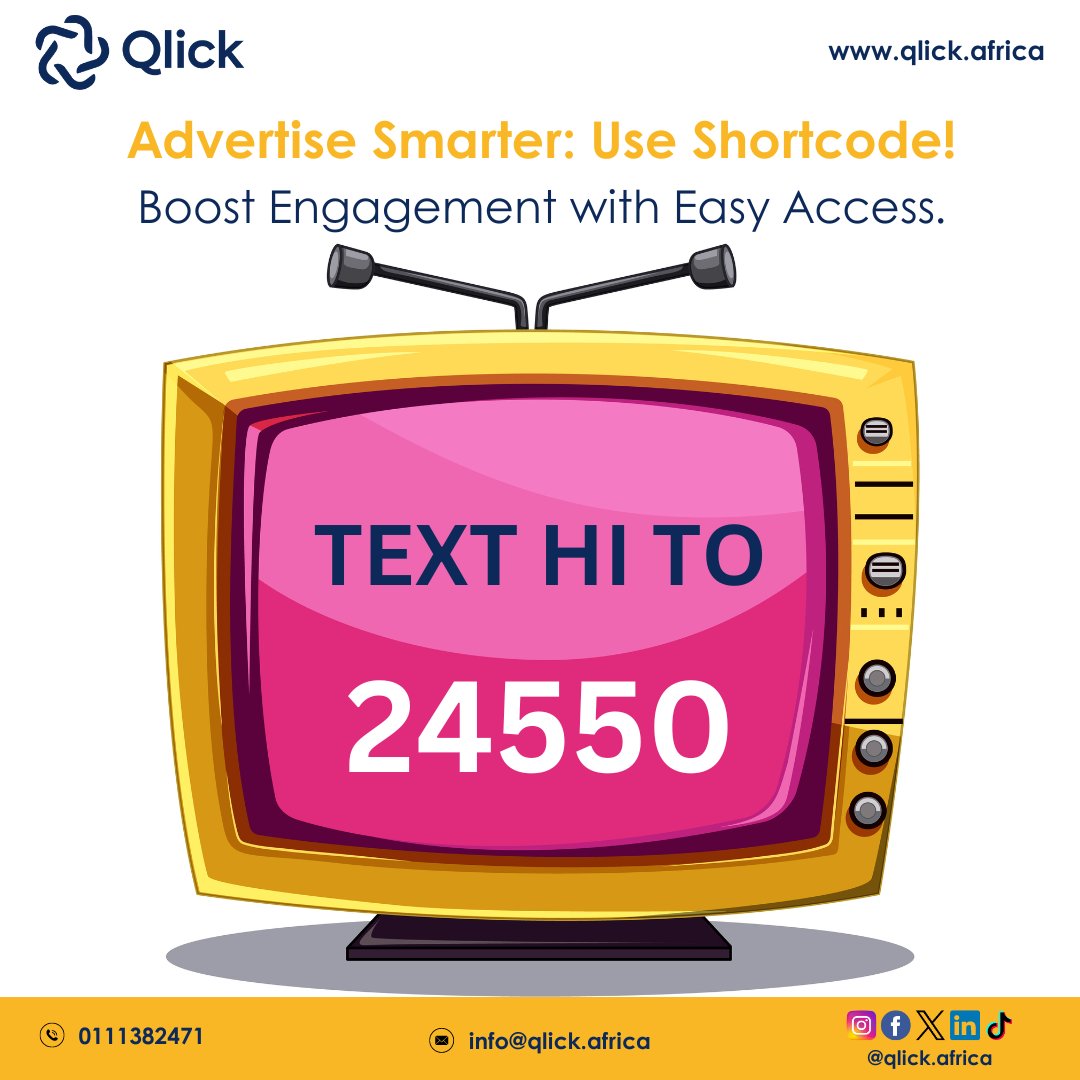 qlick_africa's tweet image. Make your ads more interactive with Shortcode!
Include it in your radio and TV ads for easy customer engagement. #AdvertiseSmart #Shortcode #Qlick