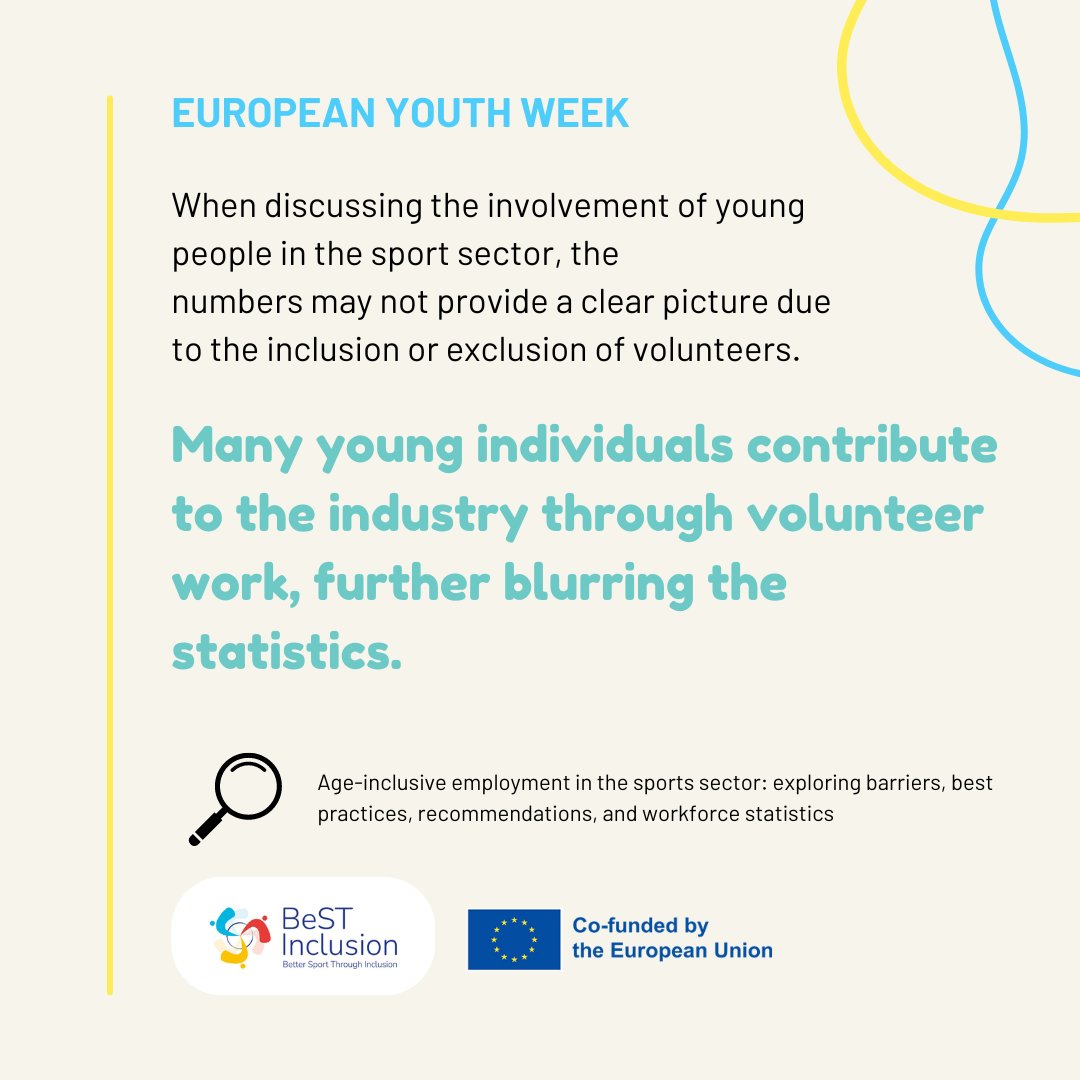 #EUYouthWeek 🇪🇺 ⁠ ⁠ Did you know 🤔 many young individuals contribute to the industry through volunteer work, further blurring the statistics. ⁠ Find more info in the #ErasmusPlus Best Inclusion project and research 📊 easesport.eu/discover-studi…⁠ ⁠ #youthsport #SportEmployment