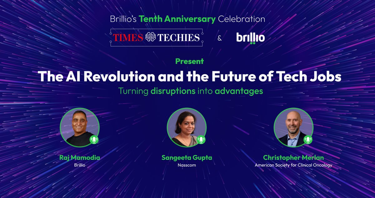 We proudly announce #TimesTechiesTalks presented by
@Brillio on their 10th Anniversary Celebration on 20th April 2024.
@RajMamodia, Chairman, Founder & CEO, Brillio
@SangeetaGupta, Sr. VP and Chief Strategy Officer, Nasscom
@ChristopherMerlan, Chief Digital Officer, ASCO