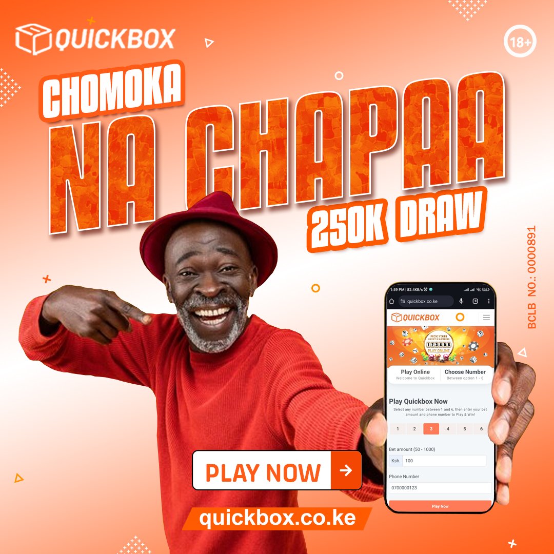 Chomoka na Chapaa kwenye 250K Quickbox Draw.Usilie Msoto .pesa iko hapa quickbox.co.ke dial *577# Win up to 500, 000 .
#GovtFraudsterUnveiled #ShakaholaDoctors #KenyaVision2030 #LeatherValueChain #Ruwazaforum #Wachirabelongstojail #NaturePlusImpact #UhuruParkIsOpen #UCL