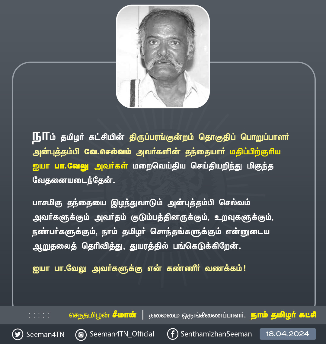 நாம் தமிழர் கட்சியின் திருப்பரங்குன்றம் தொகுதிப் பொறுப்பாளர் அன்புத்தம்பி வே.செல்வம் அவர்களின் தந்தையார் மதிப்பிற்குரிய ஐயா பா.வேலு அவர்கள் மறைவெய்திய செய்தியறிந்து மிகுந்த வேதனையடைந்தேன். பாசமிகு தந்தையை இழந்துவாடும் அன்புத்தம்பி செல்வம் அவர்களுக்கும் அவர்தம்