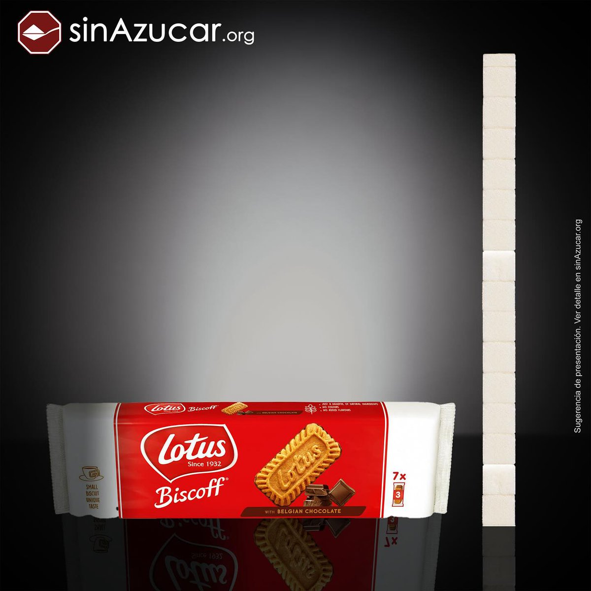 Un paquete de galletas Lotus con chocolate belga (154 g) contienen 61 g de azúcar equivalente a 15,2 terrones.