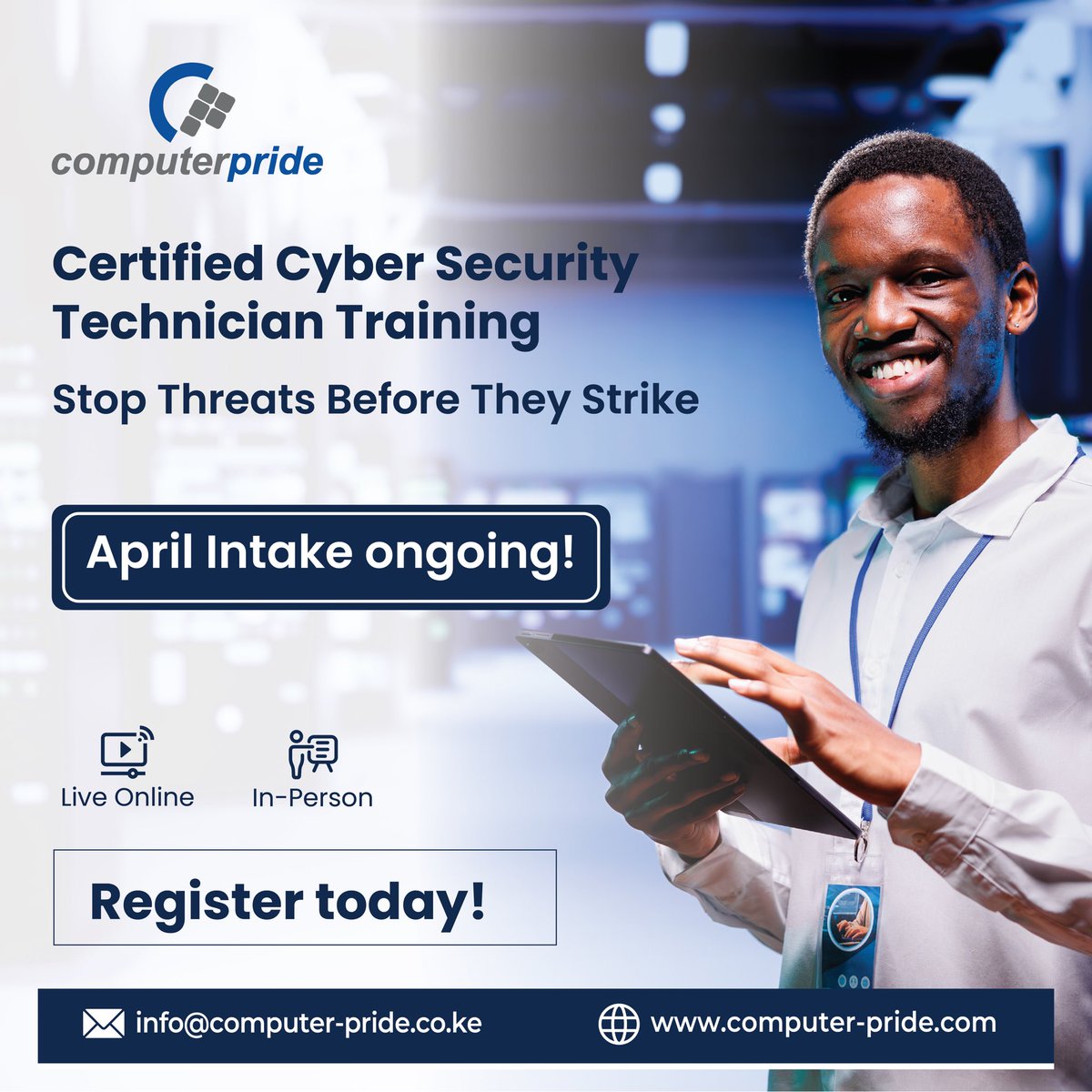 Computer_Pride's tweet image. Stop cyber threats in their tracks with our Certified Cyber Security Technician Training.
April intake ongoing! Don't miss out.
📞 +254 705 900 900/ +254 708 414 141
✉️ info@computer-pride.co.ke
computer-pride.co.ke
#computerpride #CCT #cyberattack #cybersecuritytraining