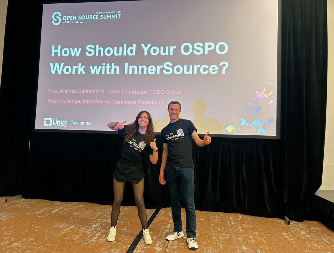 InnerSourceOrg's tweet photo. We ❤️ talking about the #benefits of InnerSource with our open source #friends at #OSSSummit.

What a great talk about #OSPOs &amp; #ISPOs from our ED, @rrrutledge (@InnerSourceOrg,  @WellSkyHealth) &amp; the wonderful @anajsana95 (@todogroup) ! 

#InnerSource 🫶 #opensource https://t.co/Cx9jAgvwvr