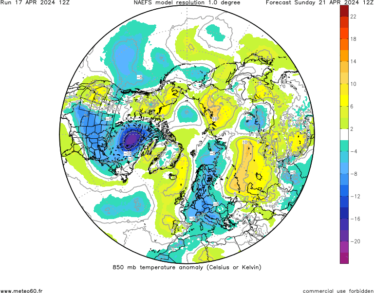 En cette fin de semaine, une bonne partie de l'Europe et de l'Amérique du nord seront concernées par des anomalies froides assez marquées. Carte meteo60.fr