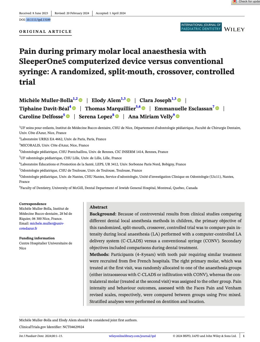 [Nouvelle publication] Thomas Marquillier 'Pain during primary molar local anaesthesia with SleeperOne5 computerized device versus conventional syringe: A randomized, split-mouth, crossover, controlled trial' 👉 onlinelibrary.wiley.com/doi/10.1111/ip…