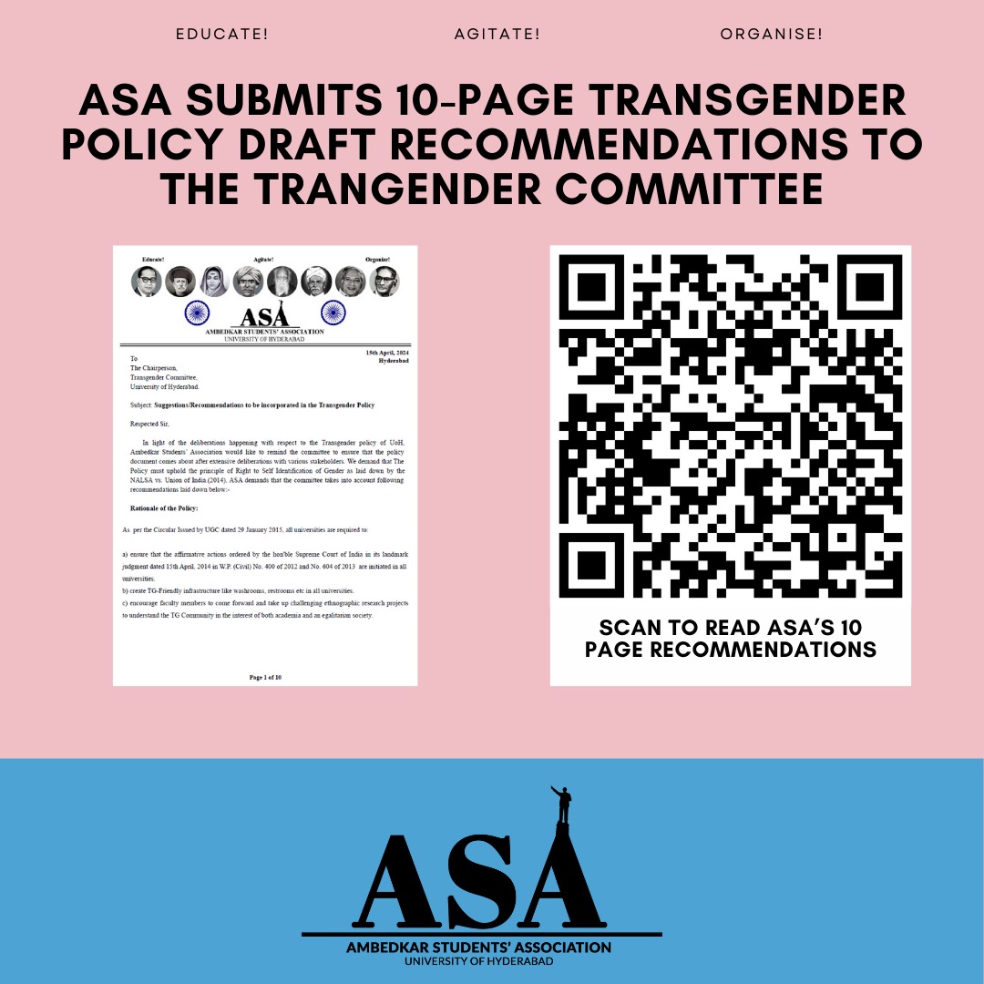 ASA_HCU's tweet photo. ASA submitted a 10 page Transgender policy draft to the transgender committee!
#JaiBheem #transgenderpolicy #ASA #hcu https://t.co/5whWBIsKu5