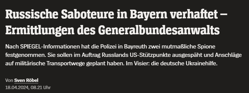 #BREAKING Two German citizens of Russian heritage arrested: they spied on US army in Germany, planned terrorist attacks on German military facilities, and had links to Russia's FSB. 
What is surprising here is that German authorities decided to act. Normally they do nothing.