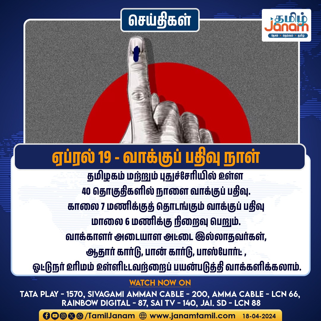 ஏப்ரல் 19 - வாக்குப் பதிவு நாள்

#Election2024 #TamilnaduNews #documentation #votenow #TamilJanam