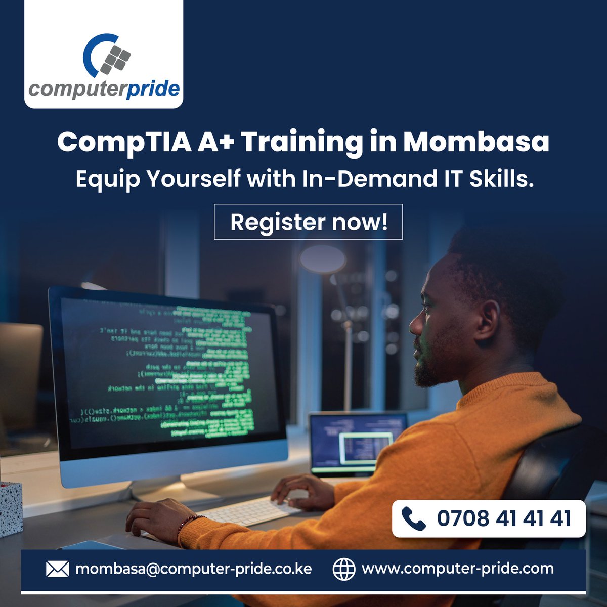 Computer_Pride's tweet image. Get certified with our CompTIA A+ training and gain the skills to troubleshoot, configure, and support modern IT systems. Limited seats available for April intake!
📞 +254 708 414 141
✉️ mombasa@computer-pride.co.ke
computer-pride.co.ke
#computerpride #CompTIA #ITMombasa