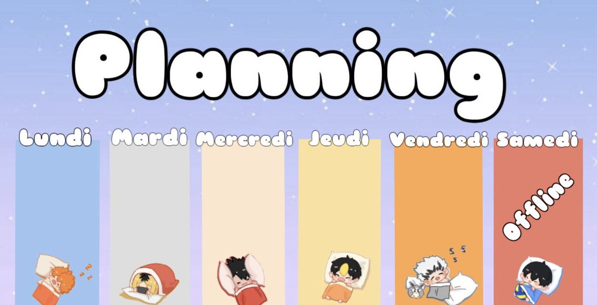 Les plannings seront présentés comme cela 🙌🏼 je les publierai sur Insta, X, Thread 

J’essaierai de publier chaque planning les week-end pour annoncer la semaine. 

Oui ce sont les personnages de Haikyuu qui dorment car ma passion première dans la vie c’est dormir 💤