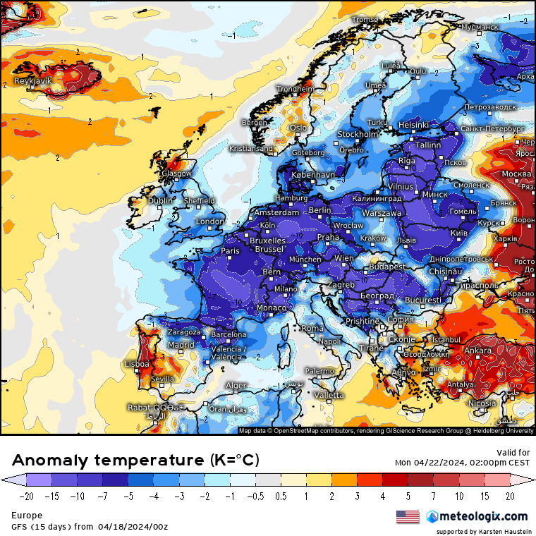 Lundi, les températures seront inférieures aux moyennes de saison de 7 à 10°C sur une grande partie de l'Europe. Personne pour s'affoler des couleurs écarlates visant à soi disant manipuler l'opinion? Et les réchauffistes on attend une grosse com de votre part sur cet épisode...