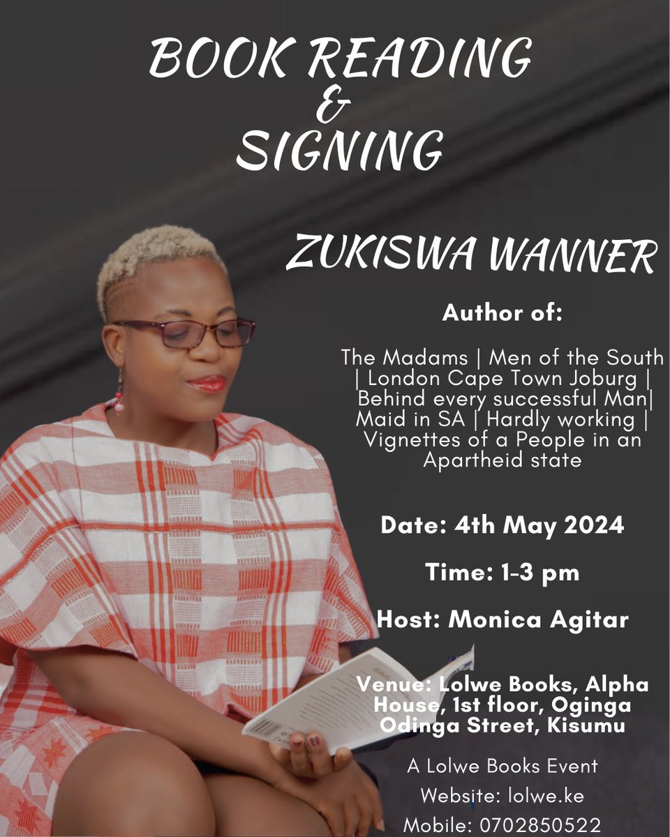 We are excited to announce that we’ll be hosting critically acclaimed, award winning journalist, writer, publisher and editor Zukiswa Wanner! Meet the author, get your signed copy of their book, and enjoy an intimate reading of their work. See you then! #lolwebookske #kisumu