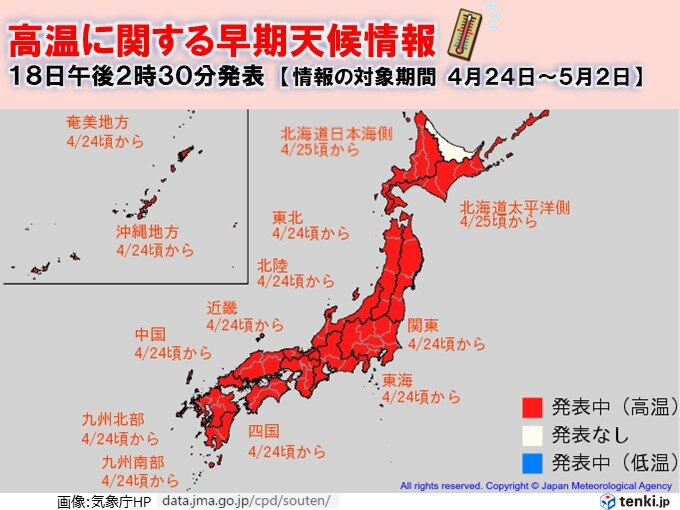 livedoornews's tweet photo. 【高温傾向続く】ゴールデンウィーク前から「かなりの高温」、早めの熱中症対策を
https://t.co/SyTnNbjhdE

広い範囲に「高温に関する早期天候情報」が発表された。関東から西の地域では24日頃から25℃以上の夏日が続出し、連日の夏日となったり、30℃近い暑さになる所もある見込み。 https://t.co/UzaRoFAlEW