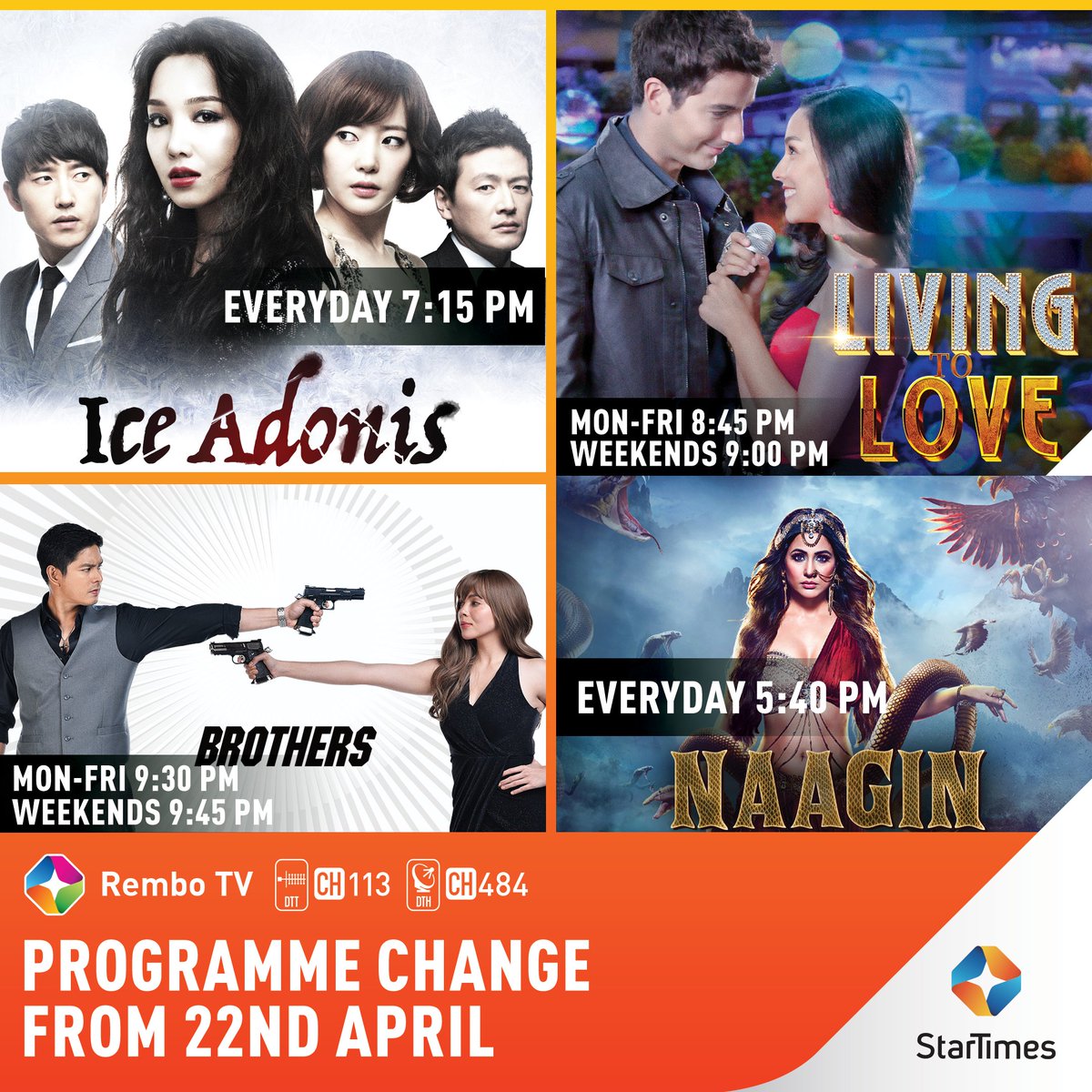 Good morning Stars! Please note the following program lineup changes on Rembo TV from Aprill 22: >>Naagin Season 6 will air Mon to Sun 5.45 pm, 2 Episodes per day >>Ice Adonis will air Mon to Sun 7.15 pm，1 Episode per day >>The better half will air 8:00 pm， Mon to Fri，1…