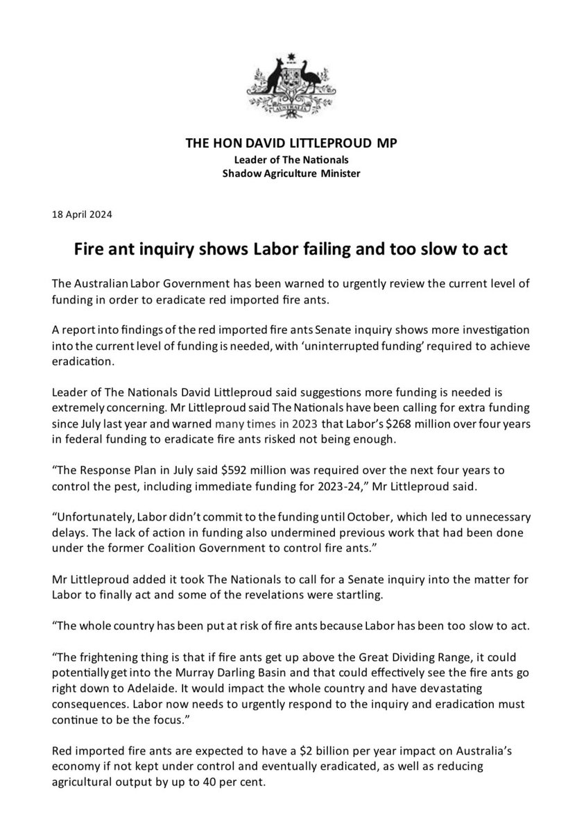 The Nationals warned the Labor Government $268 million was not enough to eradicate fire ants. The whole country has been put at risk of fire ants because once again Labor has been too slow to act.